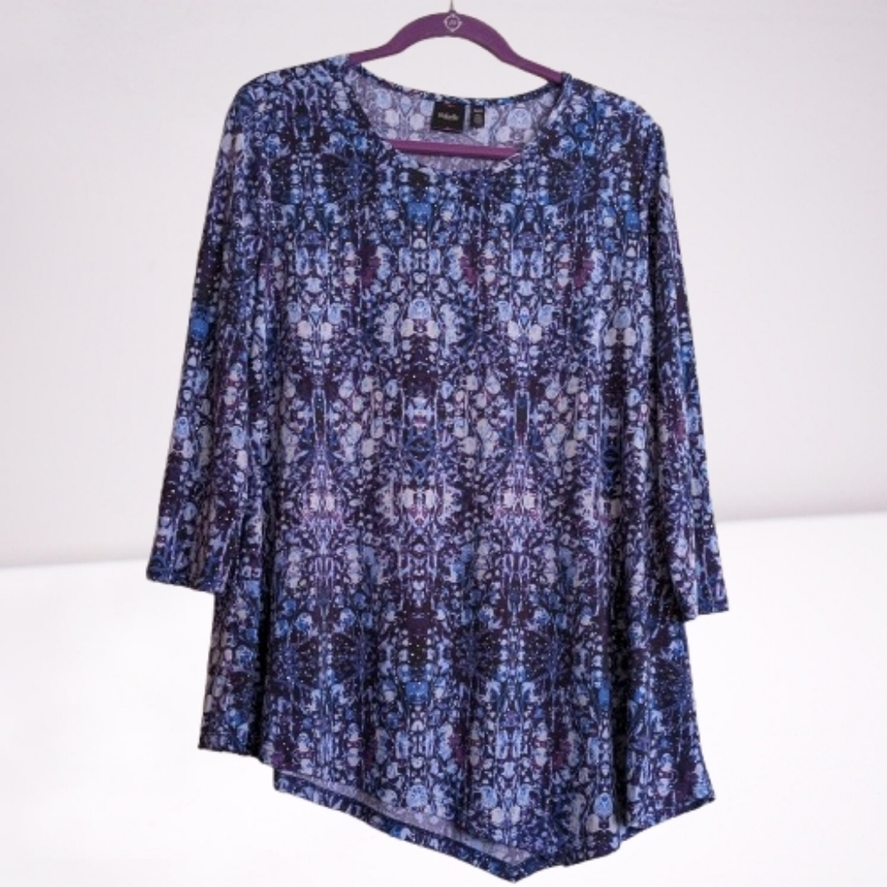 Rafaella Blouse Tunic Purple Blue Metallic Silver Polka-dots Asymmetrical Hem